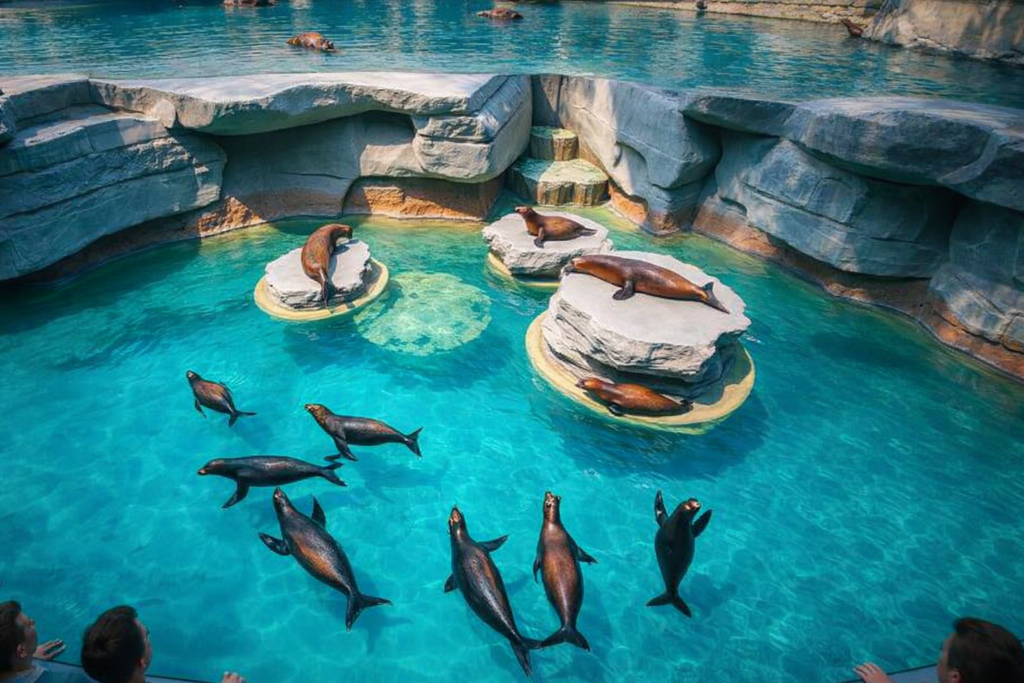 Sea-lions-basking-and-swimming-in-turquoise-water-1024x683 सील और सी लायन एग्ज़िबिट गाइड: 7 कमाल के फैक्ट्स और विज़िटर टिप्स